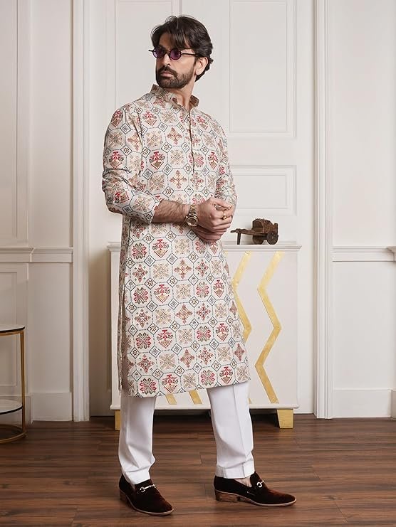 Men's Cotton Blend Ethnic Motifs Printed Only Long Kurta - Image 3