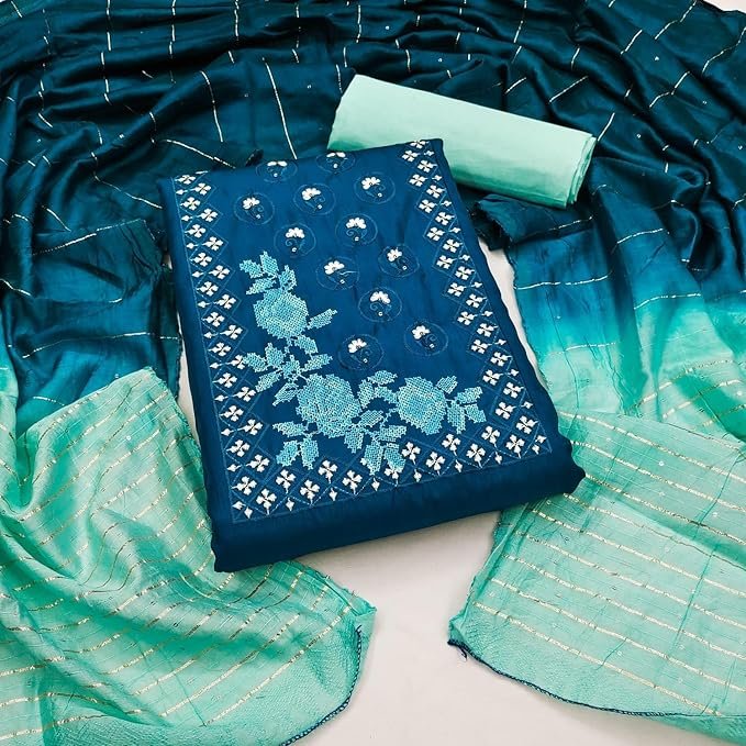 Women’s Cotton Blend Embroidered Unstitched Salwar Suit Material with Jari Sequence Shaded Dupatta | - Image 4