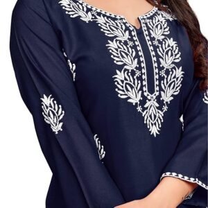 Navy blue embroidered kurti for women with white floral embroidery and three-quarter sleeves