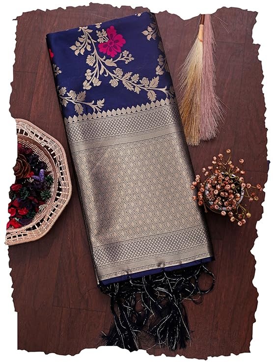 DEVANGI Women's Woven Jacquard Banarasi Silk Printed Dupatta/Chunni with Meena Work