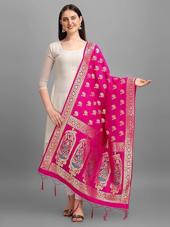 DEVANGI Women's Woven Jacquard Banarasi Silk Printed Dupatta - Image 5