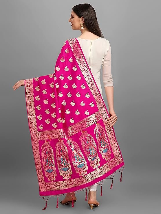 DEVANGI Women's Woven Jacquard Banarasi Silk Printed Dupatta - Image 3