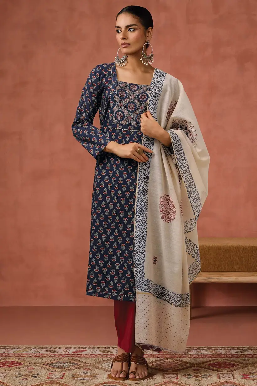 Navy Blue Cotton Ethnic Motifs Unstitched Dress Material - Image 2