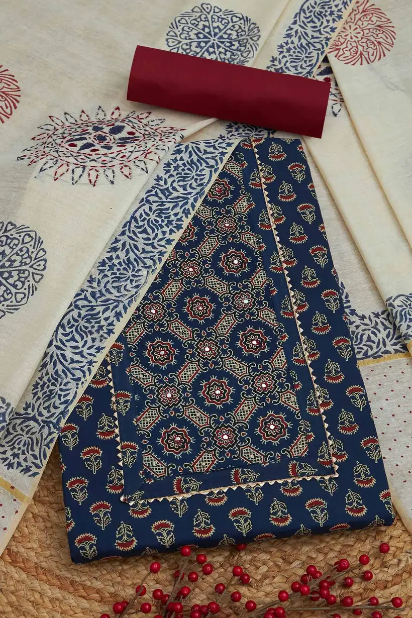 Navy Blue Cotton Ethnic Motifs Unstitched Dress Material