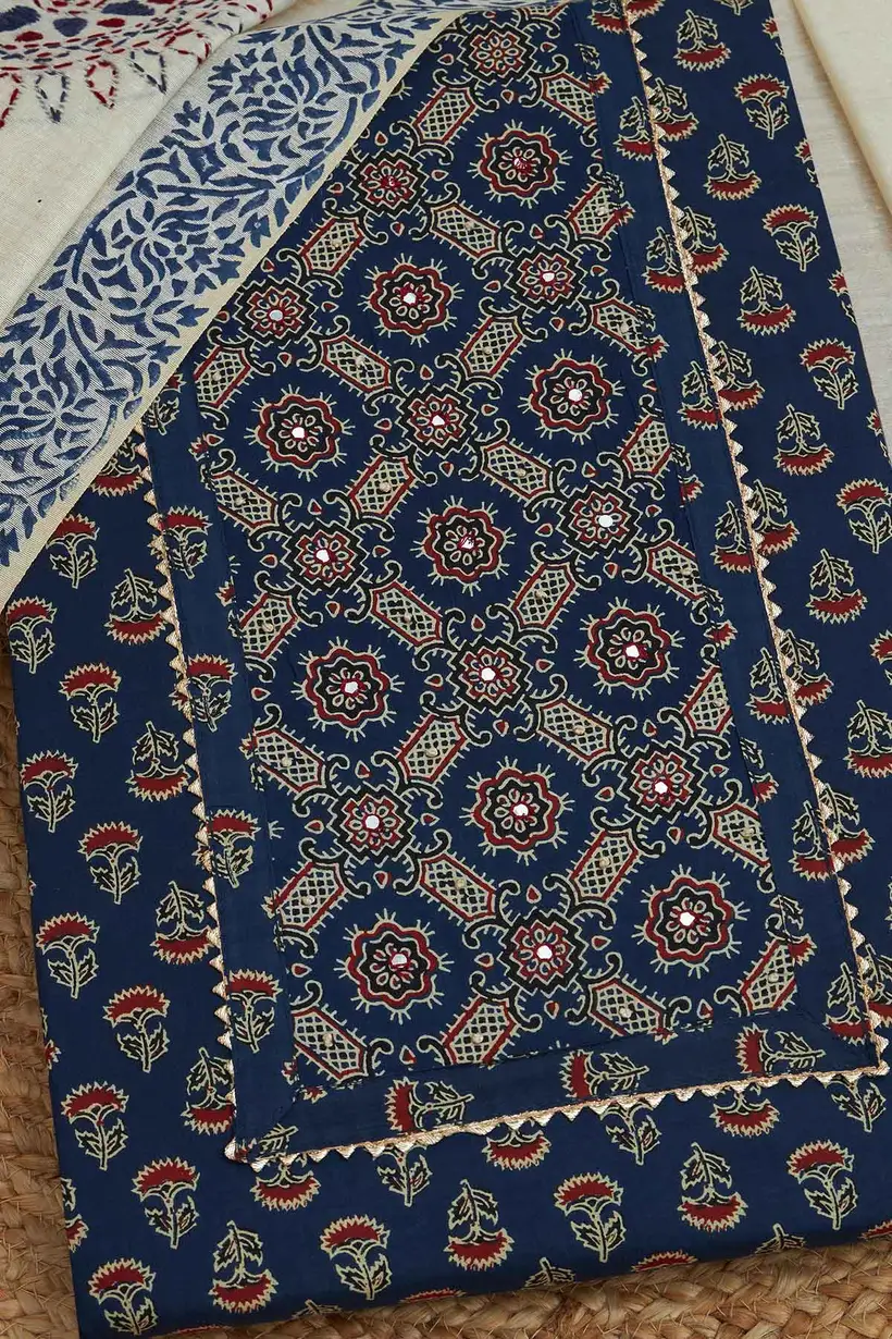 Navy Blue Cotton Ethnic Motifs Unstitched Dress Material - Image 4